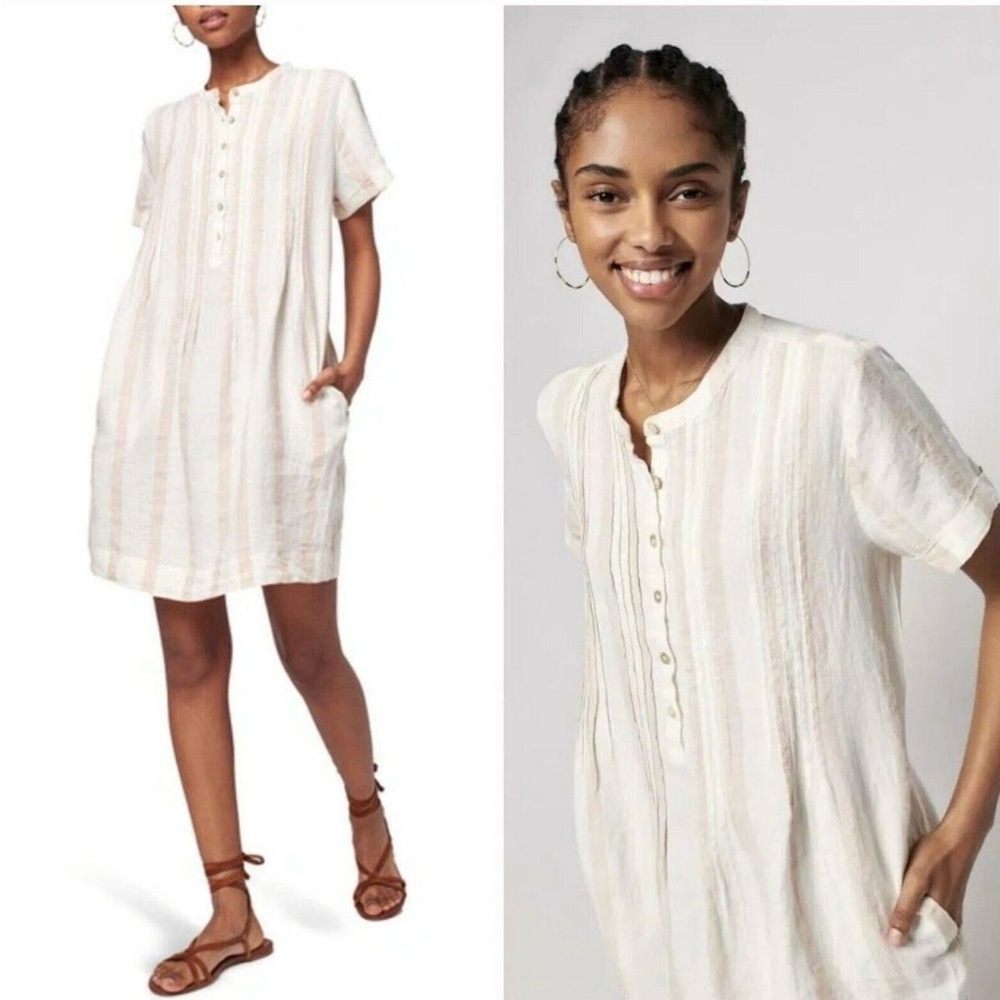 Faherty Gemina Cream Striped Mini Dress 100% linen size XS summer preppy